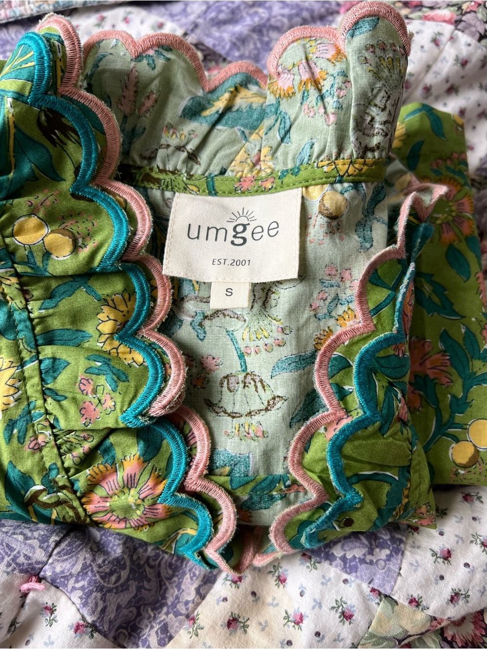 Umgee Green Floral Short Sleeve Top with Pink & Teal Scalloped Trim